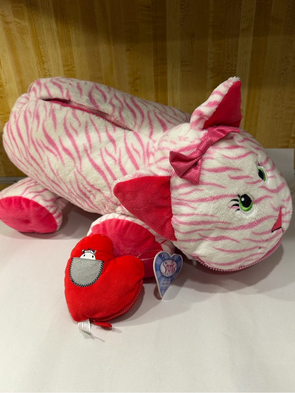 Vintage STUFFIES Whisper the Cat White Pink Stripes Soft Toy includes their hear
